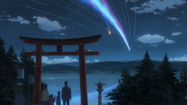 People watching a glowing comet trail over a lake under a starry night sky in Makoto Shinkai scenery