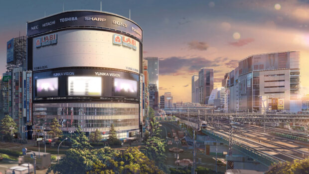 Sunset cityscape with busy roads and buildings inspired by Makoto Shinkai
