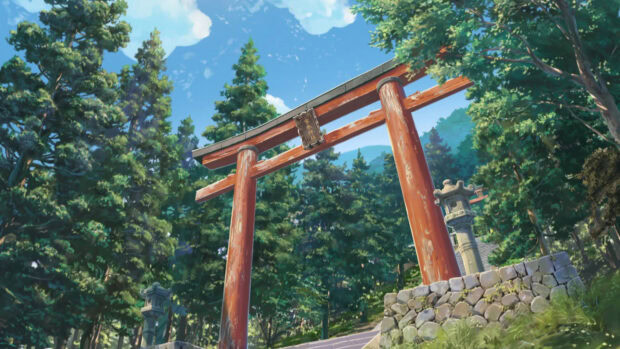 Traditional Japanese torii gate surrounded by lush trees in a Makoto Shinkai scene