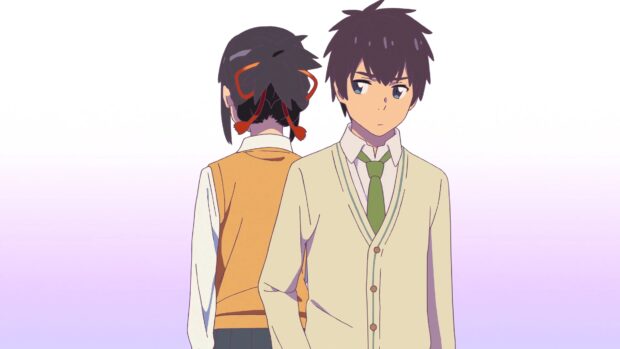 Two characters from a Makoto Shinkai anime standing back to back with thoughtful expressions