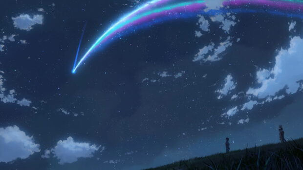 Two characters watching a glowing comet in a starry sky at night in Makoto Shinkai style
