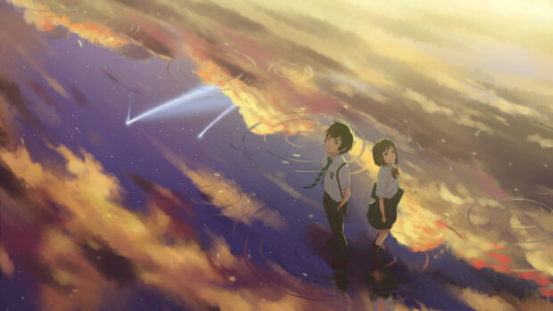 Two students standing on reflective water with shooting stars in the sky inspired by Makoto Shinkai