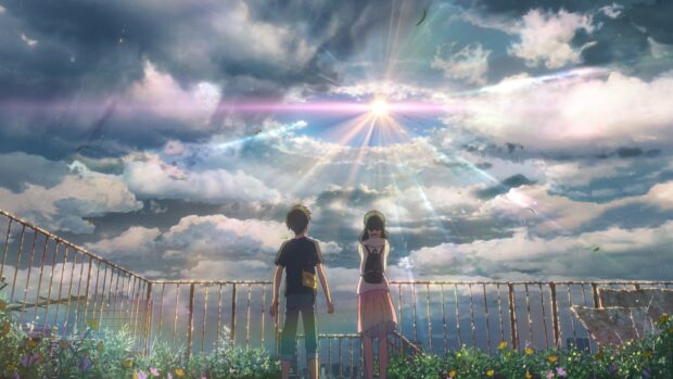 Two young characters watching sunlight breaking through clouds in a scenic outdoor setting