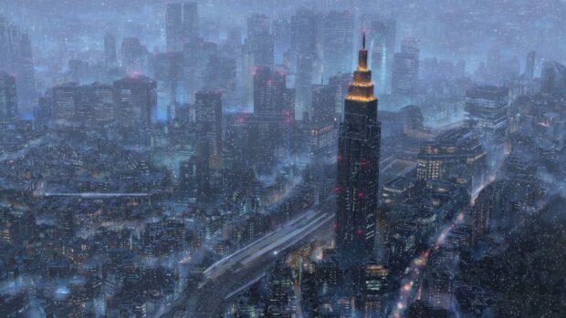A detailed cityscape at night with falling snow in a Makoto Shinkai style
