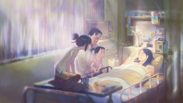 A Makoto Shinkai scene showing a family visiting a woman in a hospital room