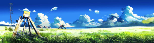 A scenic view of a grassy field and cloudy sky from Makoto Shinkai scenery