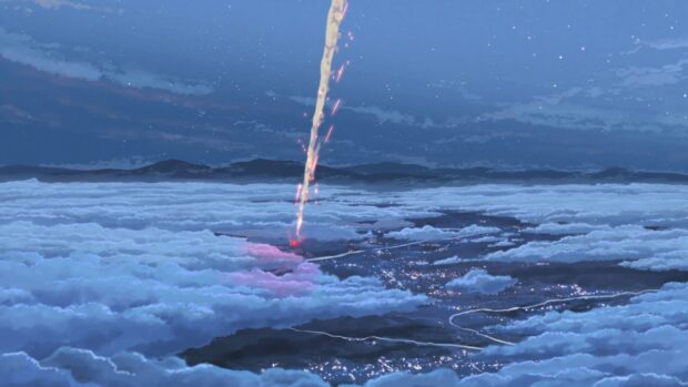 A beautiful sky with clouds and a glowing trail falling toward the ground from Makoto Shinkai