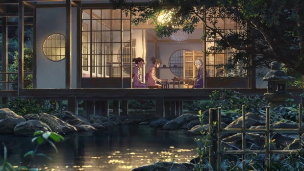 A serene scene of people sitting inside a traditional Japanese house by a pond in Makoto Shinkai style