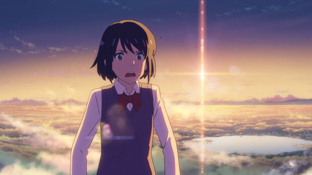 A shocked girl wearing a school uniform standing with a scenic sky in a Makoto Shinkai scene