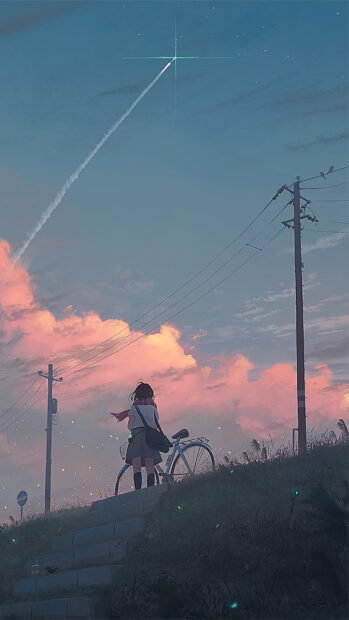 A girl with a bicycle watching a rocket launch in the sky in Makoto Shinkai style