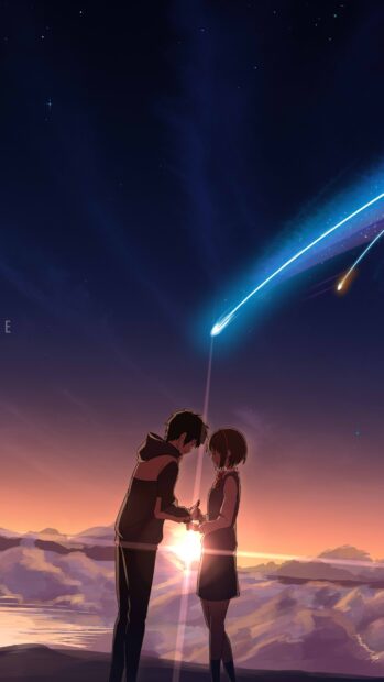 A romantic scene of two teenagers holding hands under a starry sky with a comet Makoto Shinkai