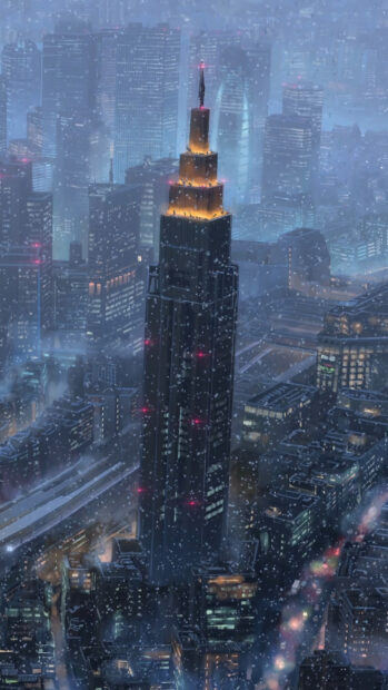 A snowy cityscape featuring a tall building glowing with warm lights in the style of Makoto Shinkai