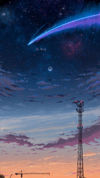 A beautiful Makoto Shinkai scene showing a vibrant comet streaking across a colorful evening sky