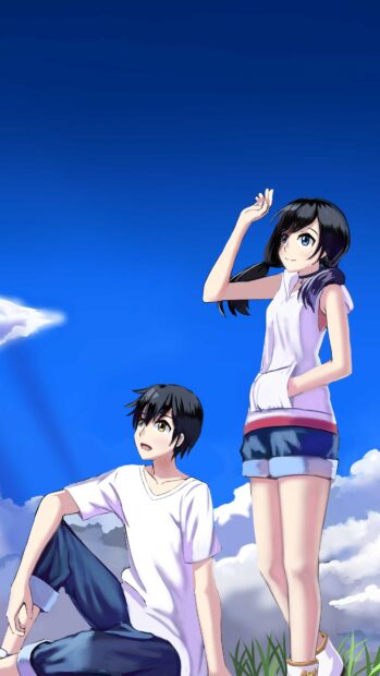 A boy and a girl enjoying a bright blue sky with fluffy clouds in Makoto Shinkai style