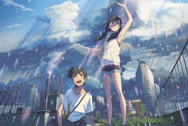 Two Makoto Shinkai characters enjoying the rain with city buildings in the background