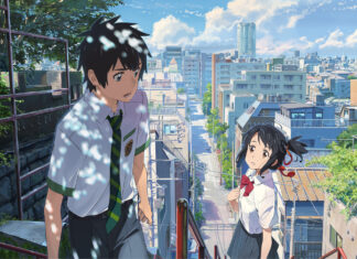 A high school boy and girl walking outside in a city scene from Makoto Shinkai