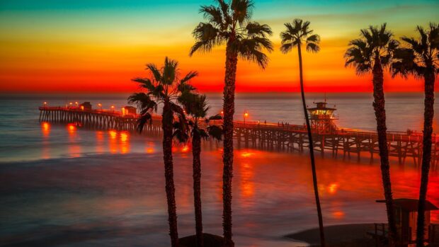 Malibu California pier at sunset with palm trees and vibrant sky