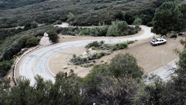 A winding road surrounded by green shrubs in Malibu California
