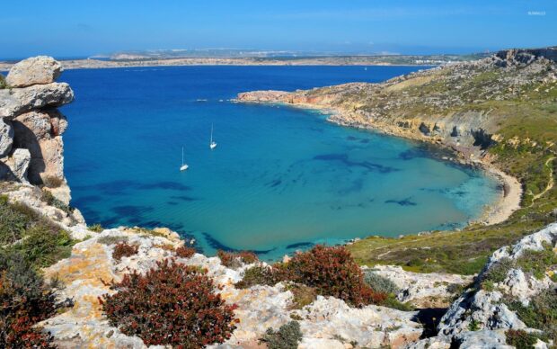 Clear turquoise waters and rocky coastline in Malta landscape