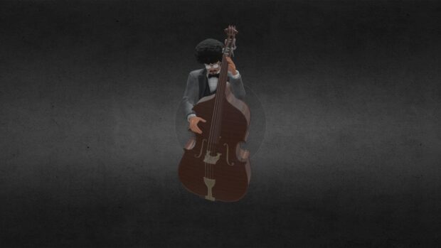 A man with glasses and curly hair is playing a double bass against a dark textured background, HD Desktop Wallpaper