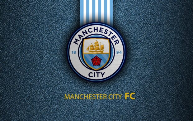 The Manchester City FC emblem is set on a textured leather background with blue and white stripes, HD Desktop Wallpaper