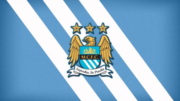 The Manchester City FC logo with golden eagle and stars is displayed on blue and white stripes, HD Desktop Wallpaper