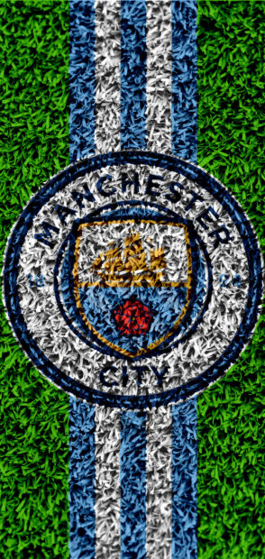 The Manchester City FC logo is displayed on a striped grass field, HD Phone Wallpaper