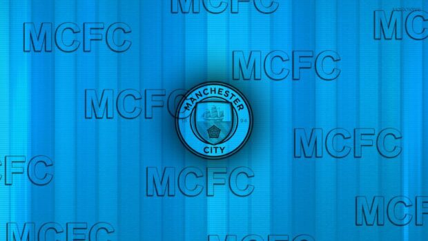 The blue background features multiple Manchester City FC logos in a repeating pattern, HD Desktop Wallpaper