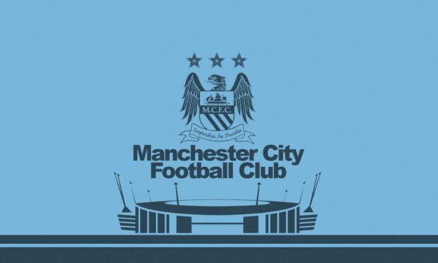 The image shows the Manchester City FC logo above a stylized stadium design, HD Desktop Wallpaper