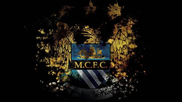 The Manchester City Fc emblem is displayed with artistic paint splatter effects, HD Desktop Wallpaper