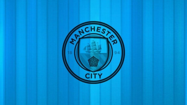 The Manchester City fc emblem is centered on blue striped background, HD Desktop Wallpaper