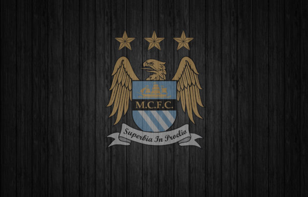 The Manchester City Fc emblem is displayed on dark wooden panels, HD Desktop Wallpaper