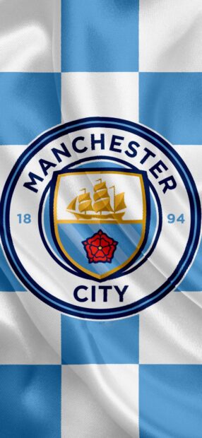 The Manchester City Fc emblem is displayed on a blue and white checkered flag, HD Phone Wallpaper