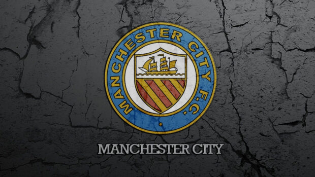 The Manchester City Fc emblem is displayed on a textured cracked wall background, HD Desktop Wallpaper