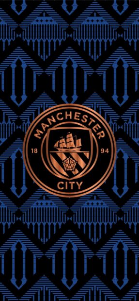 The Manchester City FC emblem is centered on a blue and black geometric background, 2K Mobile Wallpaper