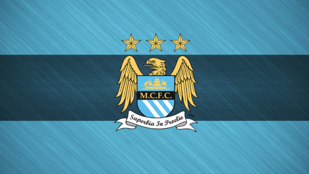 The image shows the Manchester City Fc emblem centered on blue striped background, HD Desktop Wallpaper