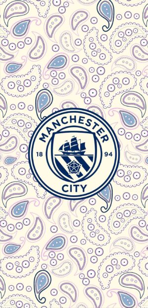 The Manchester City Fc logo is centered on a cream paisley patterned background, 2K Mobile Wallpaper
