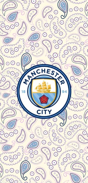 The Manchester City Fc emblem is centered on a blue and purple paisley patterned background, 2K Phone Wallpaper