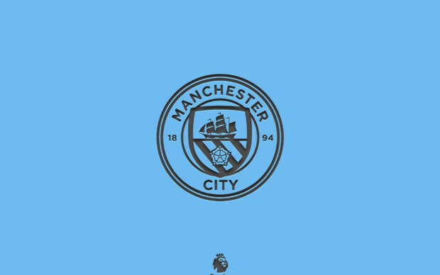 Manchester City Fc logo with a blue background and black details, 2K Desktop Wallpaper