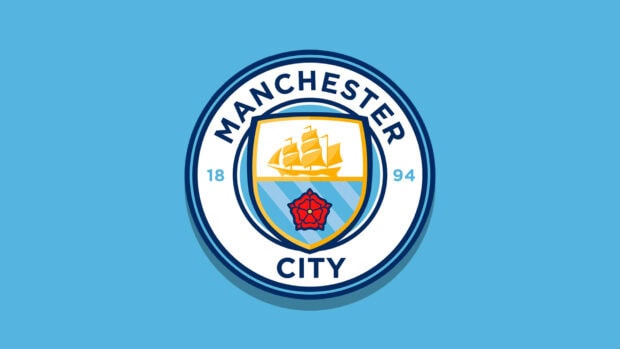 The image shows the official Manchester City Fc logo on a blue background, HD Desktop Wallpaper