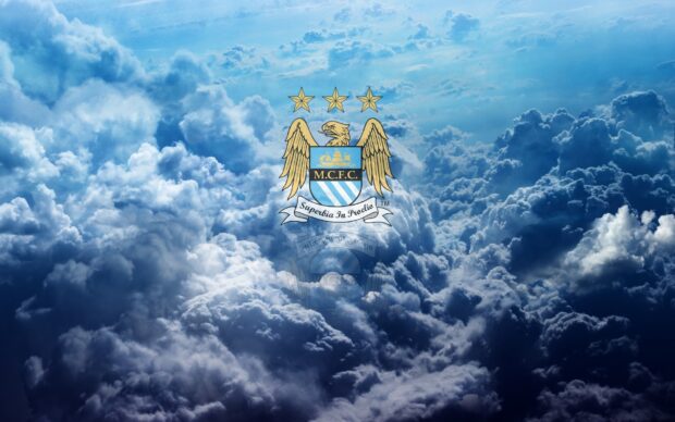 The Manchester City Fc logo appears above a sea of clouds with a reflective effect, HD Desktop Wallpaper