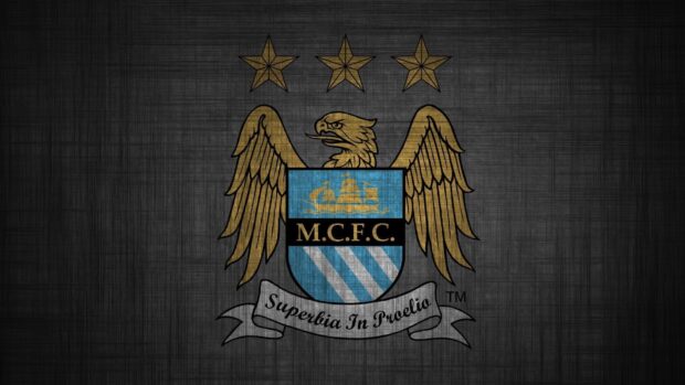 The Manchester City Fc emblem with three stars is displayed on a textured background, HD Desktop Wallpaper