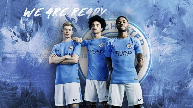 Three Manchester City Fc players stand confidently with team emblem behind, HD Desktop Wallpaper