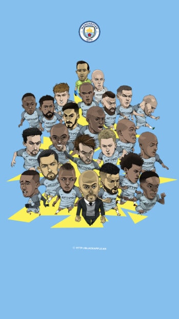 A cartoon style illustration showing Manchester City Fc players and coach in action, HD Mobile Wallpaper