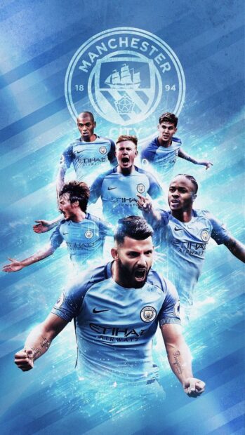 The Manchester City Fc players celebrate with passion in front of the club logo, HD Phone Wallpaper