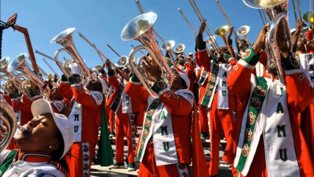 A marching band is playing brass instruments during a performance outdoors under a clear sky, HD Desktop Wallpaper