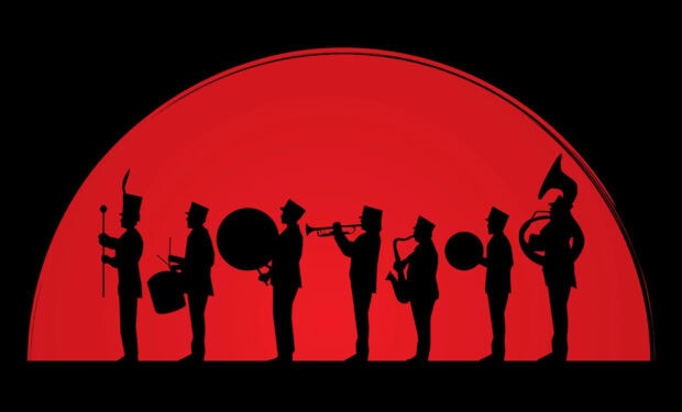 A marching band silhouette is shown playing instruments against a large red background, HD Desktop Wallpaper