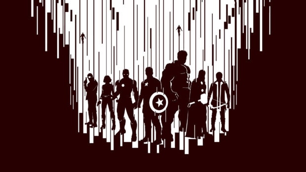 Marvel characters silhouette in minimalist style standing together against vertical lines background