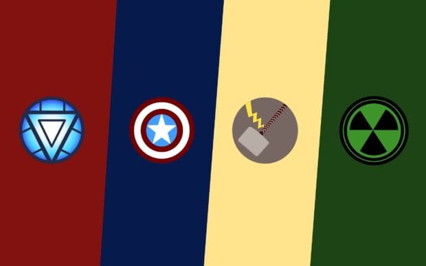 Minimalist design featuring iconic Marvel symbols including the arc reactor shield hammer and radiation sign