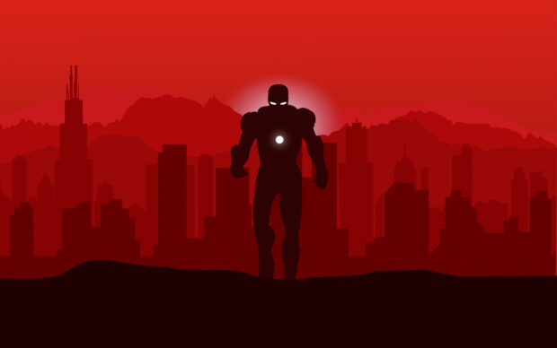Iron Man silhouette glowing in red cityscape at sunset with minimalist design
